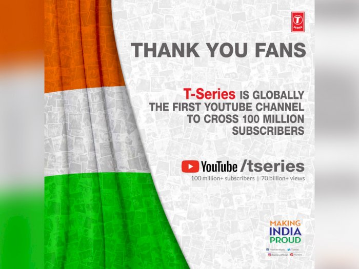 T-Series Jadi Akun YouTube Pertama Dengan 100 Juta Subscribers