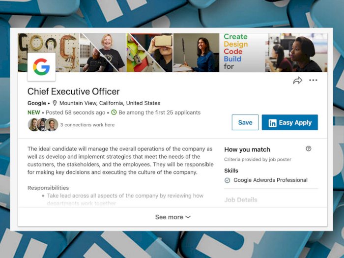 Terdapat Lowongan Untuk Jadi CEO Google di LinkedIn, Google Bercanda?