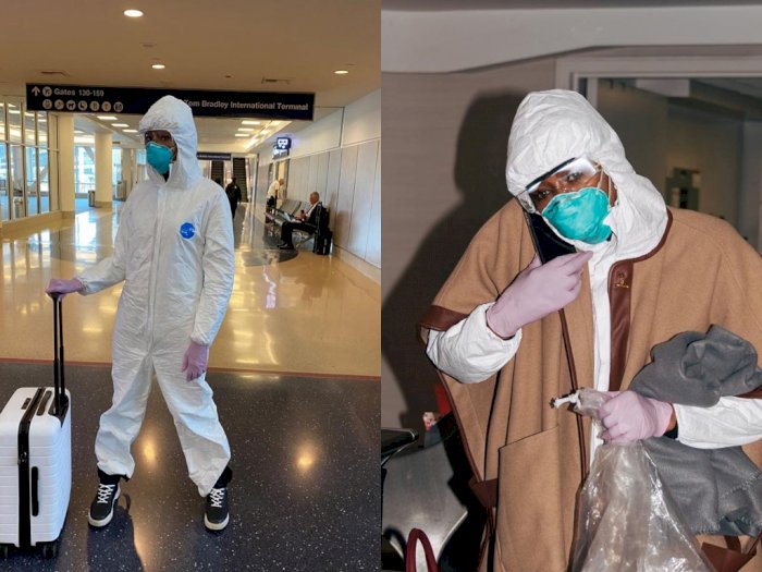 Aksi Naomi Campbell Kenakan Pakaian Hazmat Saat di Bandara