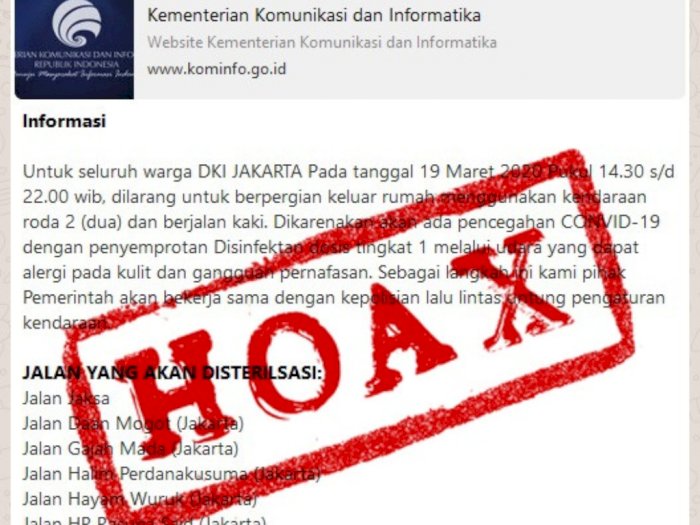 Pesan Berantai Warga Jakarta Dilarang Keluar, Polisi: Hoax!