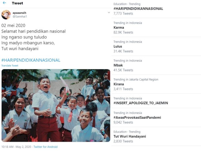Ramaikan Hardiknas, Tagar #HariPendidikanNasional Trending di Twitter