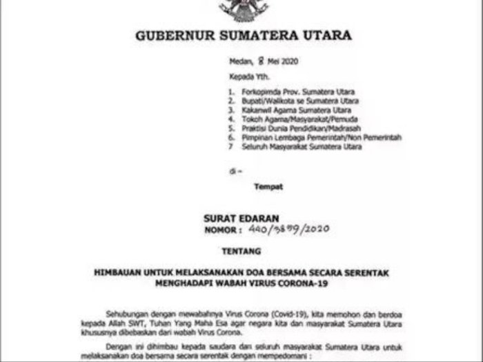 Gubsu Ajak Warga Sumut untuk Doa Bersama pada 14 Mei 2020