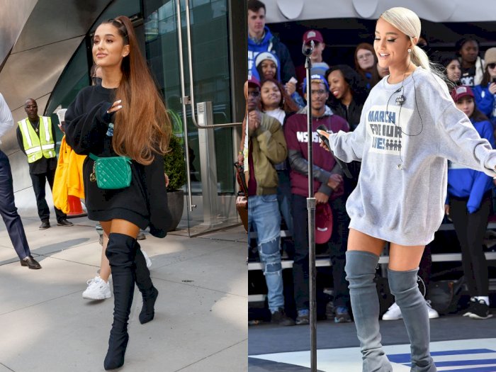 Hanya Pakai Baju Oversized dan Knee High Boots Penampilan Ariana Grande Tetap Keren
