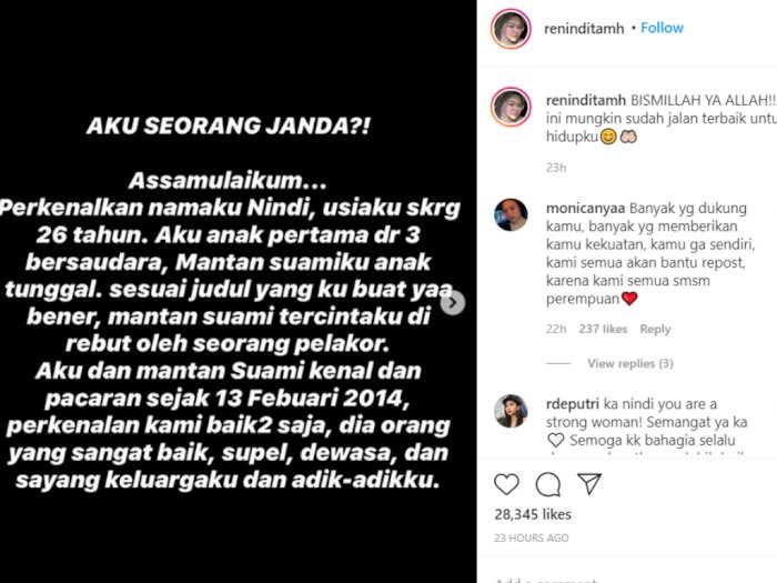 Suami Direbut Pelakor Sales Mobil, Instagram Istri Sah Banjir Dukungan dari Netizen