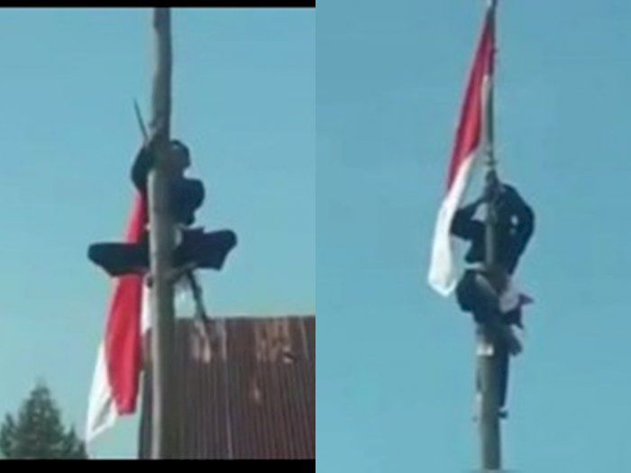 Bukan Dikerek Pakai Tali, Pria Ini Kibarkan Bendera Langsung Manjat ke Pucuk Tiang