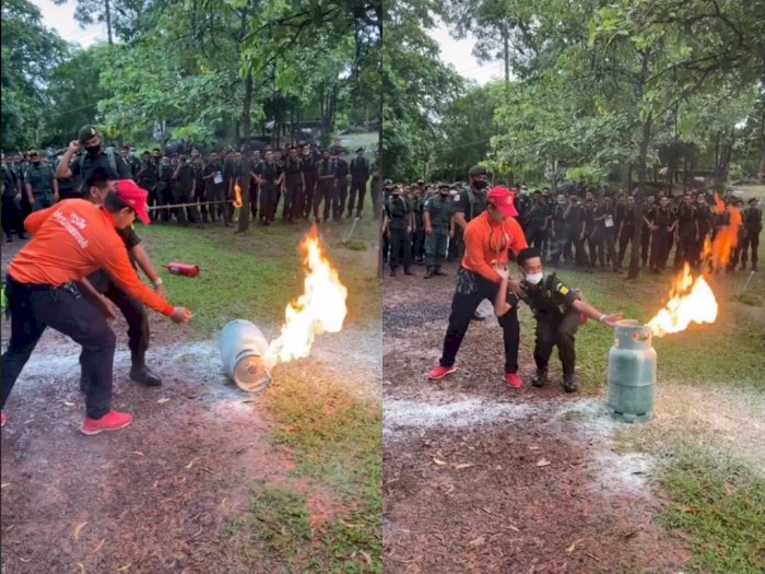 Petugas Damkar Simulasi Cara Padamkan  Api, Tingkah Laku Tentara ini Bikin Netizen Tertawa