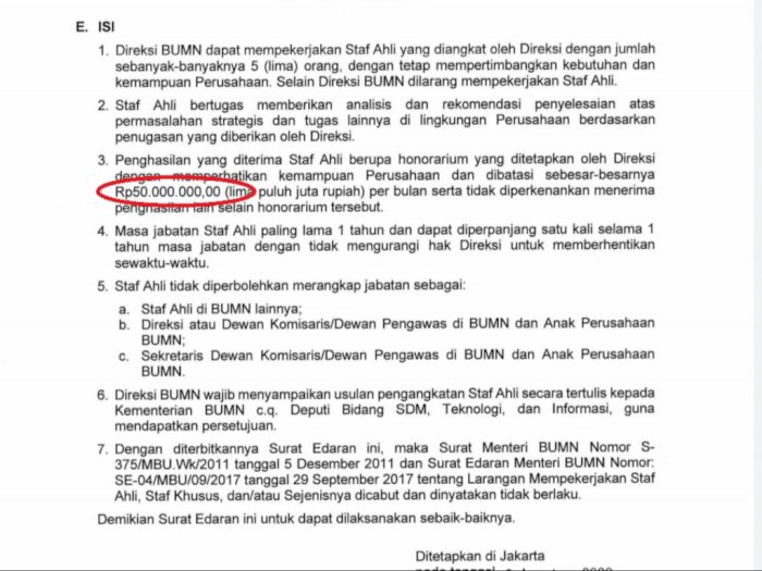 Beredar Surat Edaran Gaji Staf Ahli BUMN Capai Rp50 Juta per Bulan