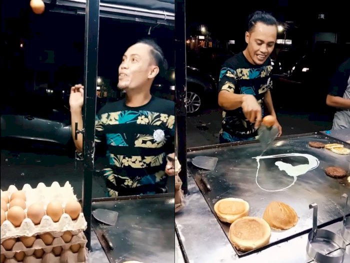 Gokil! Pria ini Memasak Burger Sambil Atraksi Untuk Hibur Pelanggan, Netizen: Masnya Happy