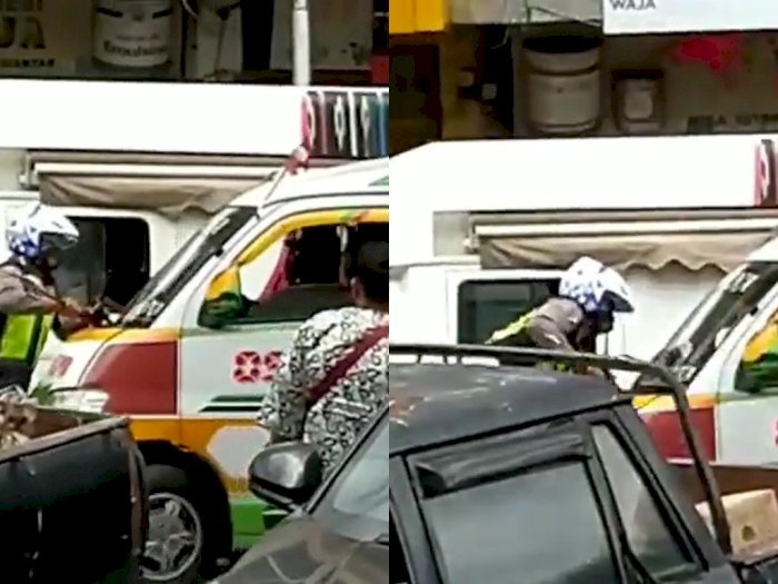 Detik-detik Sopir Angkot di Siantar Tabrak Polisi Sampai Nyangkut di Bumper, Warga Panik