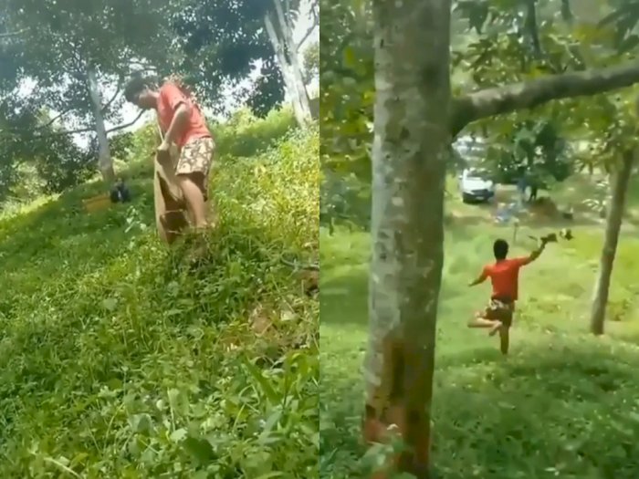 Niatnya Mau Tangkap Durian, Pria ini  Malah Terperosok Sampai Ke Bawah, Netizen Ngakak