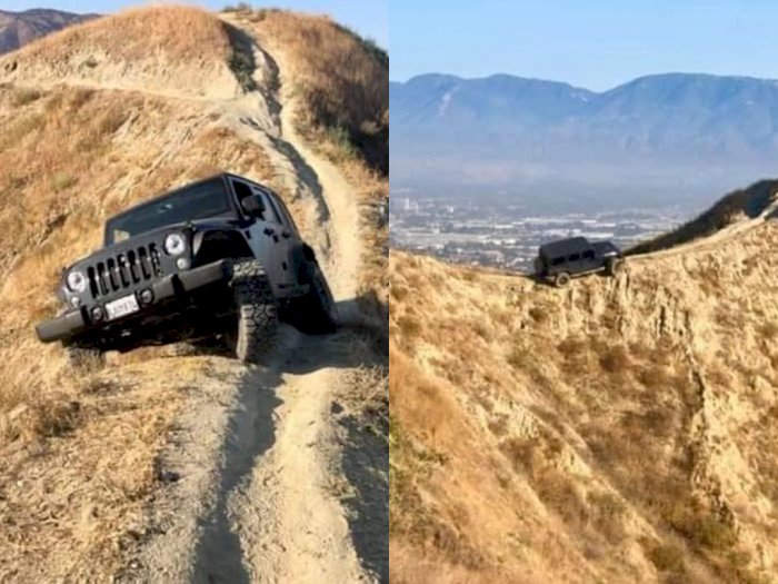 Waduh, Mobil Jeep Wrangler Ini Terjebak di Antara Jurang di California!