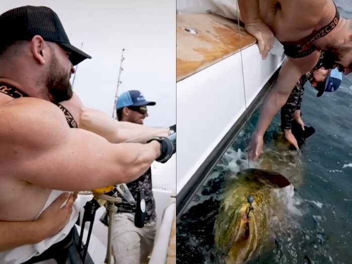 Detik-detik Pria Berotot Memancing Ikan Super Besar di Laut, Bikin Netizen Melongo