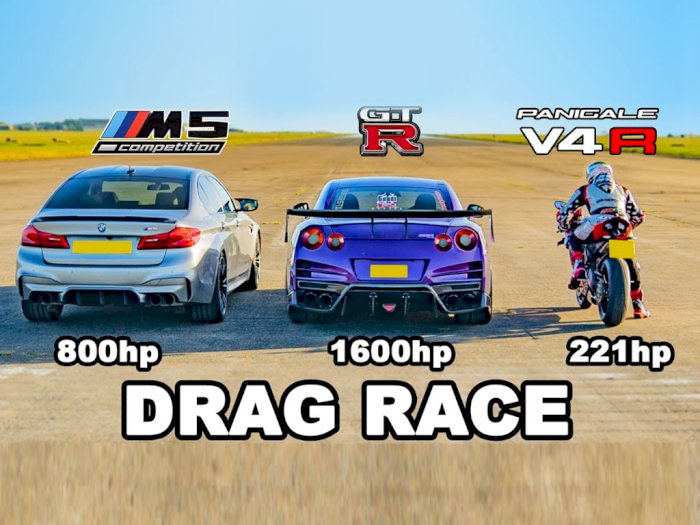 Melihat Drag Race Antara BMW M5 dan Nissan GT-R Modifikasi Melawan Ducati V4R