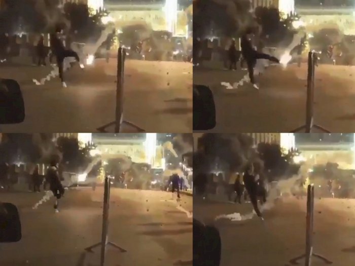 Viral Tendangan Spektakuler Demonstran, Sepak Balik Gas Air Mata ke Polisi, Ini Videonya