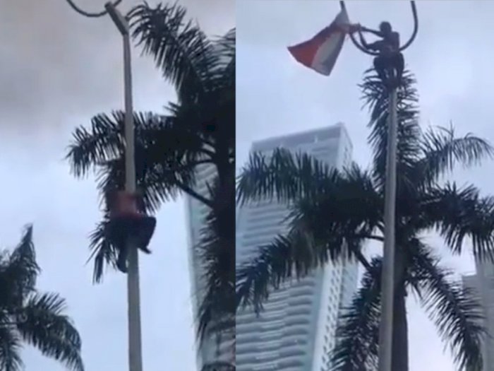 Viral Pendemo Berani Panjat Tiang Lampu Lalu Kibarkan Bendera Merah Putih di Puncaknya