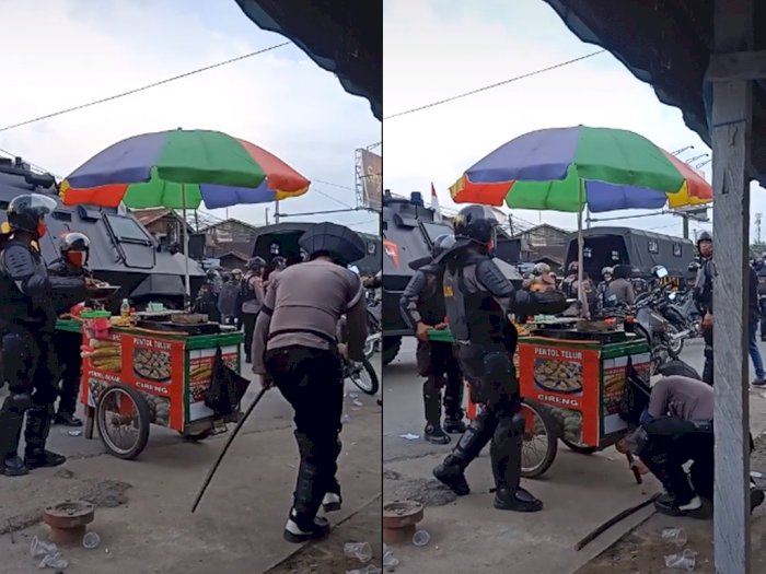 Momen Polisi Pindahkan Gerobak Pentol ke Tempat Aman, Netizen Salfok Sama yang Bawa Wajan