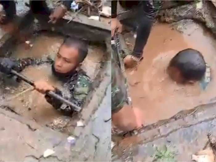 Salut! Anggota TNI Ini Rela Menyelam di Air Selokan Keruh demi Bersihkan Sampah