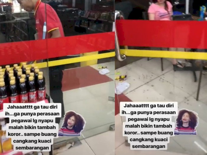 Viral Wanita Santai Buang Sampah Kuaci di Depan Pegawai Minimarket yang sedang Mengepel