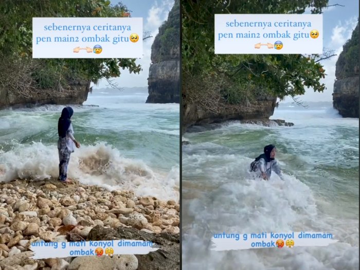 Cewek ini Hampir Terbawa Arus Saat Bermain Ombak di Pantai, Netizen: Asli Serem Banget