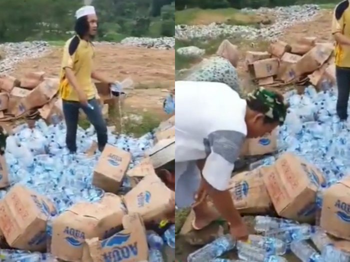 Boikot Produk Prancis, Ratusan Botol Air Mineral Dihancurkan & Dibuang, Netizen: Mubazir!