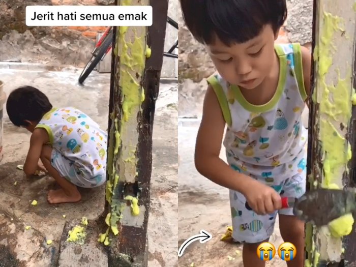 Perbaiki Tiang Pakai Sabun Colek, Aksi Bocah Ini Buat Netizen Gemas: Anaknya Aktif ya Bun!