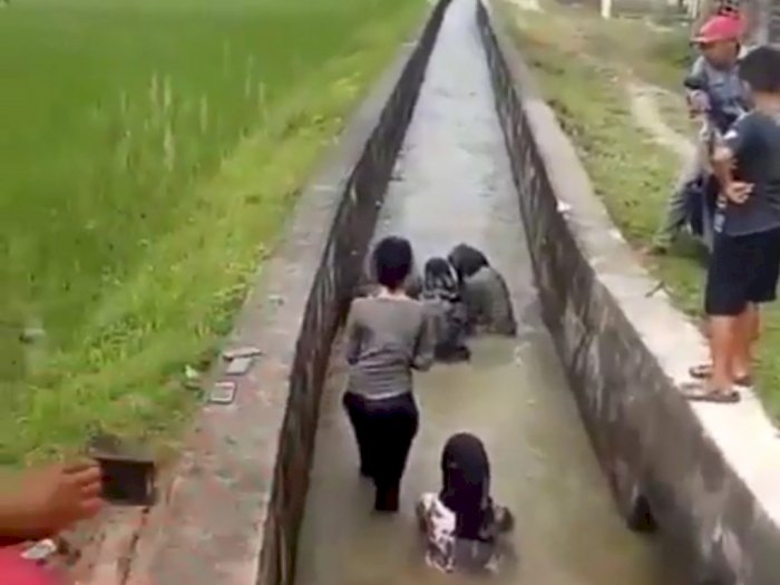 Video 6 Orang Cewek Mandi Lumpur Usai Becak Mereka Tumpangi Nyungsep Masuk ke Sawah