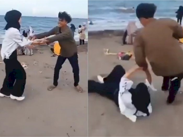 Video Sejoli Berpegangan Tangan di Pantai Niat Bermesraan, Ujung-ujugnya Malah Begini
