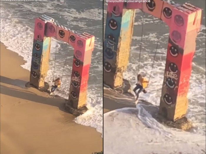 Detik-detik Cewek Hampir Terhantam Ombak Besar, Saat Main Ayunan di Tepi Pantai