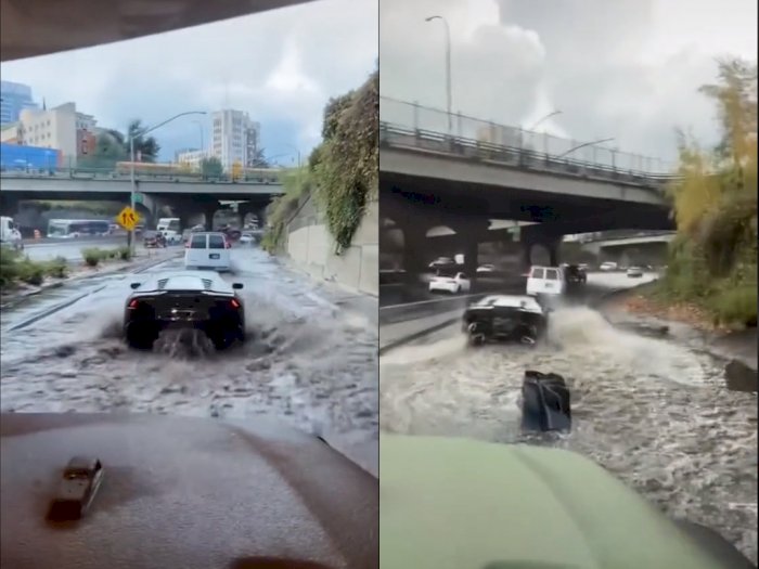Nekat Terobos Jalanan yang Banjir, Bumper Belakang Mobil Mewah ini Terlepas