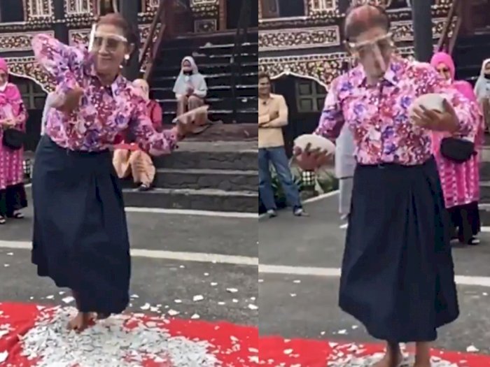 Salut! Susi Pudjiastuti Menari di Atas Pecahan Piring Tanpa Alas Kaki, Begini Aksinya