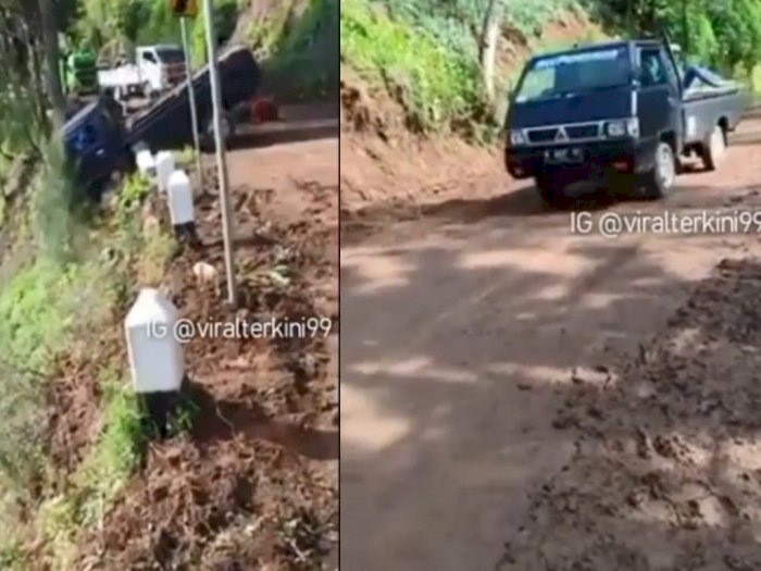 Detik-detik Mobil Pickup Terjun ke Jurang, Ngebut Tak Sabaran saat Warga Bersihkan Longsor
