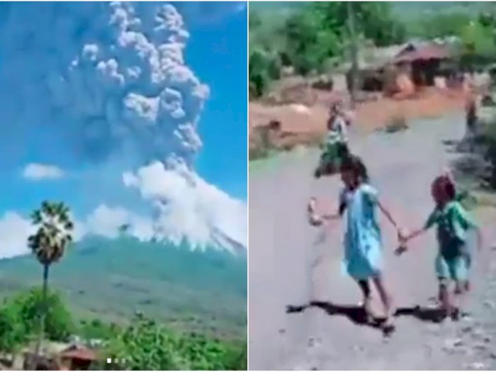 Detik-detik Anak-anak Lari Ketakutan saat Gunung Api Ile Lewotolok Semburkan Awan Panas
