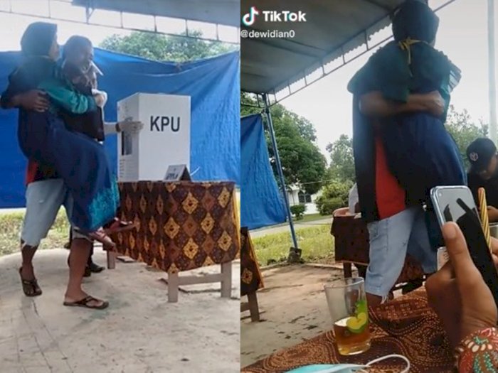 Viral Video Suami Gendong Istri ke TPS untuk Nyoblos, Aksinya Banjir Pujian Warganet