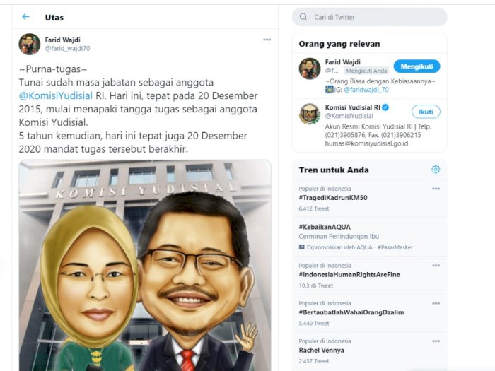 Anggota KY RI, Farid Wajdi Pamit di Twitter: Purna Tugas, Tunai Sudah Masa Jabatan 