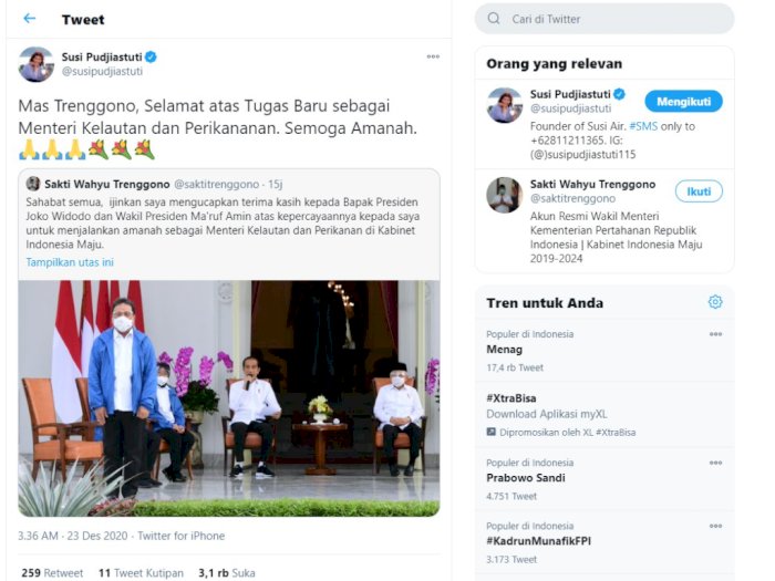 Jokowi Tunjuk Menteri KKP, Susi: Mas Trenggono, Selamat atas Tugas Baru, Semoga Amanah