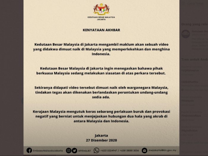 Pascapelecehan Lagu Indonesia Raya, Kedubes Malaysia Posting Ini di Twitter