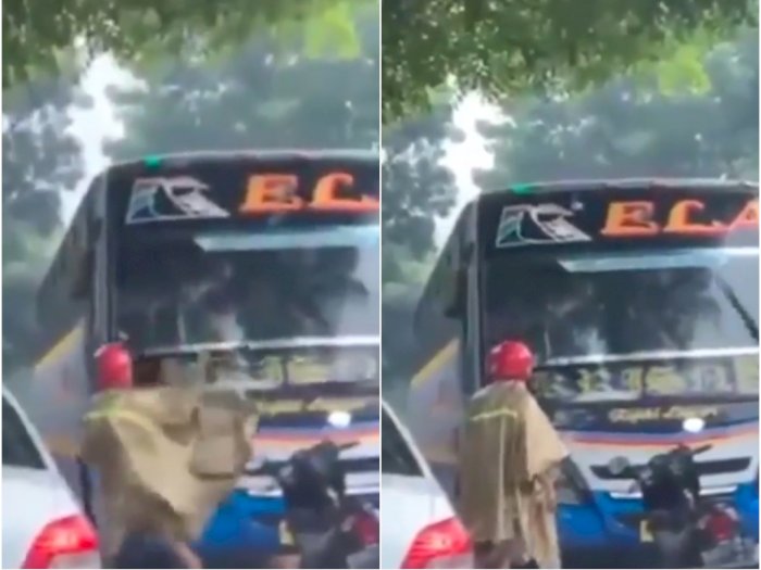 Video Bapak-bapak Hadang Bus yang Ugal-ugalan di Jalan dengan Motor Lalu Marahi Sopirnya
