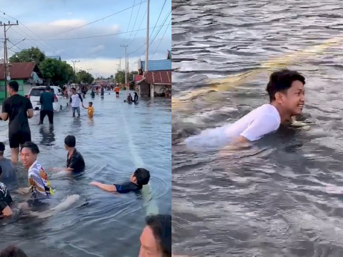 Banjir Dijadikan Seperti Tempat Wisata, Netizen: Ini Sebabnya Salju Gak Turun di Indonesia
