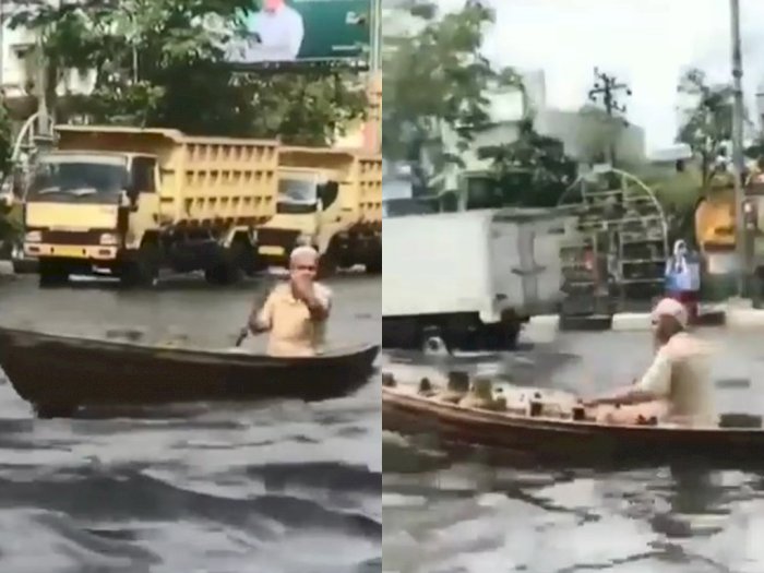 Kakek Ini Kayuh Jukung di Tengah Jalan yang Terendam Banjir, Tuai Pujian dari Netizen