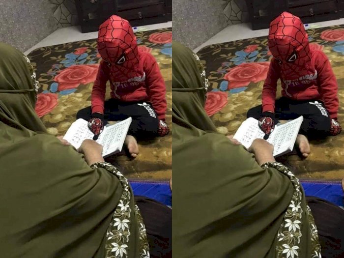 Terlalu Ngefans! Bocah Ini Ngaji Bareng Ibunya Memakai Kostum Spiderman, Netizen Gemas