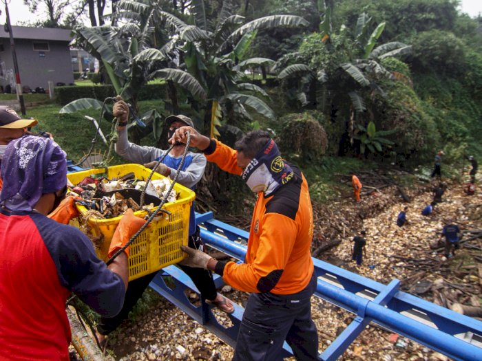 FOTO: Perjuangan Petugas Saat Bersihkan Lautan Sampah di Kali Baru Depok