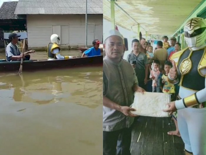 Relawan Pakai Kostum Power Rangers Kunjungi Korban Banjir Kalsel, Bagi Mukena dan Sajadah