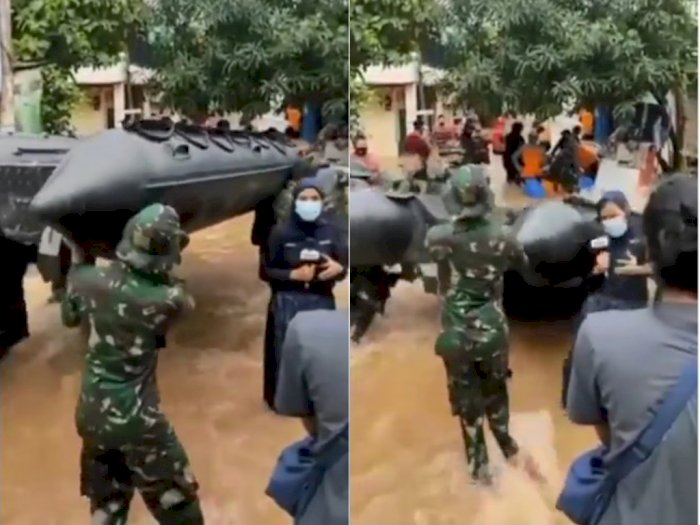Viral, Detik-detik Reporter Wanita Ketiban Perahu Karet Saat Live di Lokasi Banjir