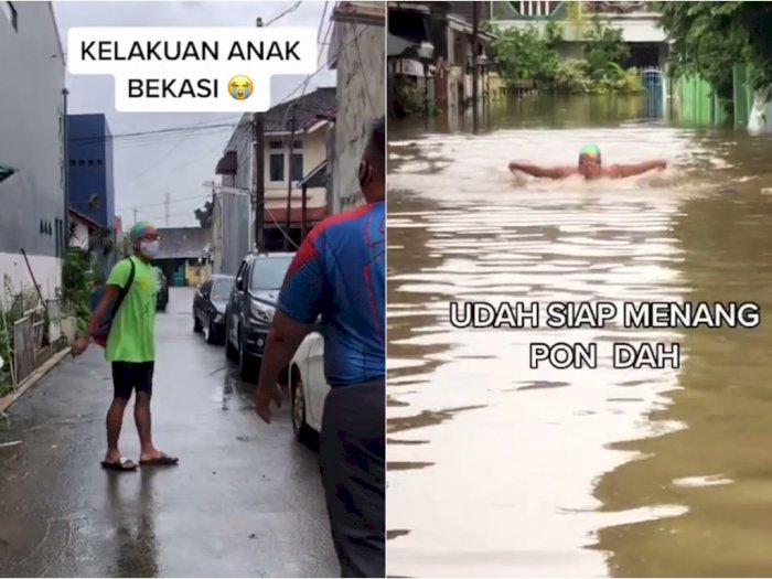 Ada-ada Saja, Pria Bekasi Berenang Bak 'Atlet PON' di Genangan Banjir