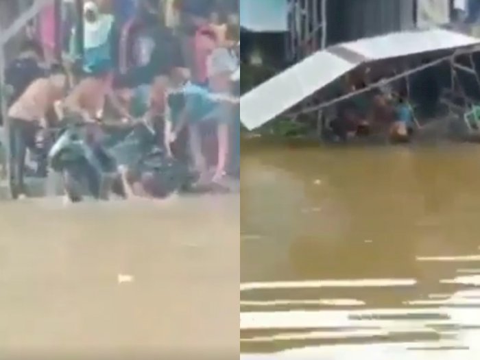 Warga Bantu Angkat Sepeda Motor yang Nyemplung ke Sungai, Dermaga Malah Ikut Tenggelam