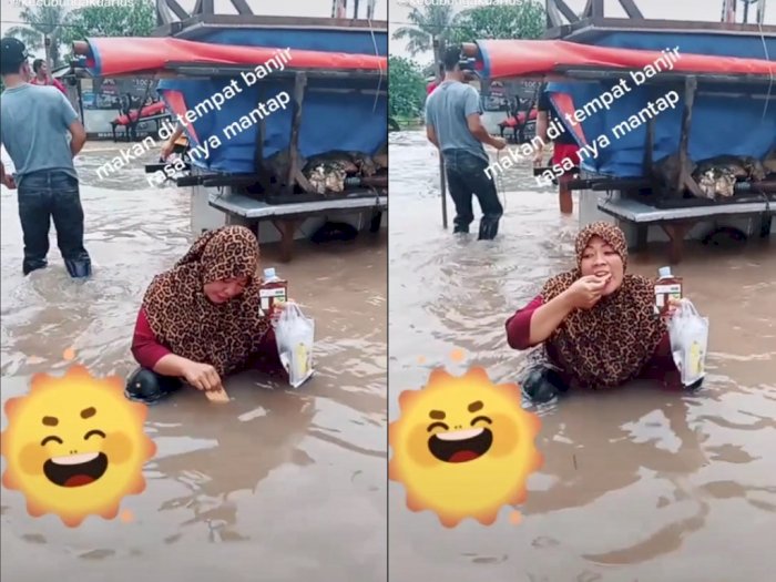 Aksi Emak-emak Celup Roti Pakai Air Banjir, Netizen: Weleh Air Comberan Buat Celupan