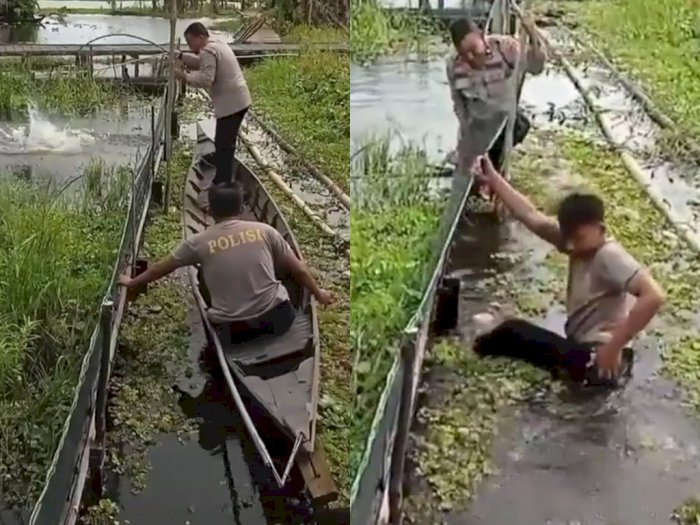 Berhasil Tangkap Ikan, Dua Polisi Ini Malah Hampir Tenggelam Gegara Perahu yang Nyungsep