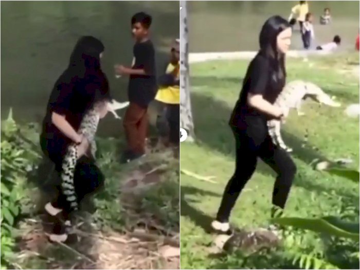 Salut, Wanita Ini Santai Gendong Buaya dari Danau, Netizen: Ampun Neng Jago