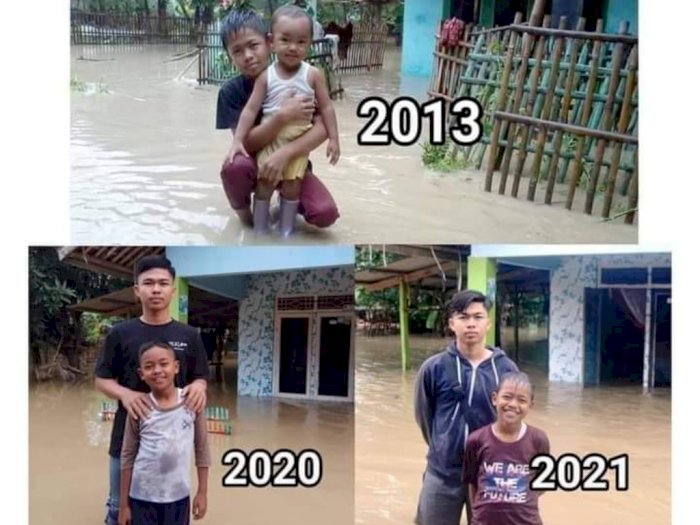 Viral, Foto Kakak Adik yang Tumbuh Bersama Banjir