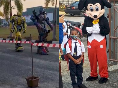 Kreatif, Sekolah Ini Sewa Maskot Transformer hingga Mickey Mouse untuk Menyambut Siswa